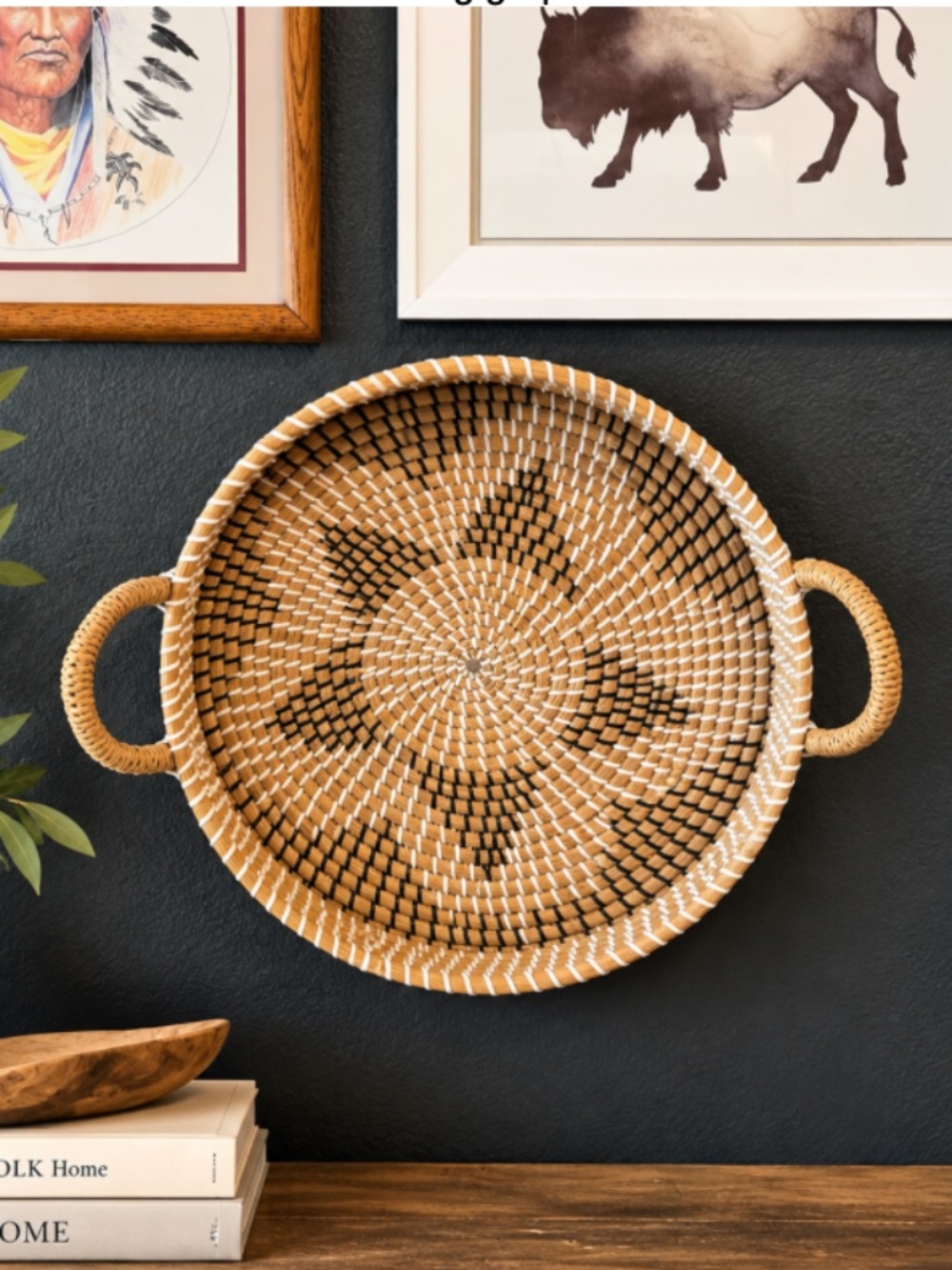 Handwoven Wall Basket with Handles | Boho Woven Tray | Black & White Décor